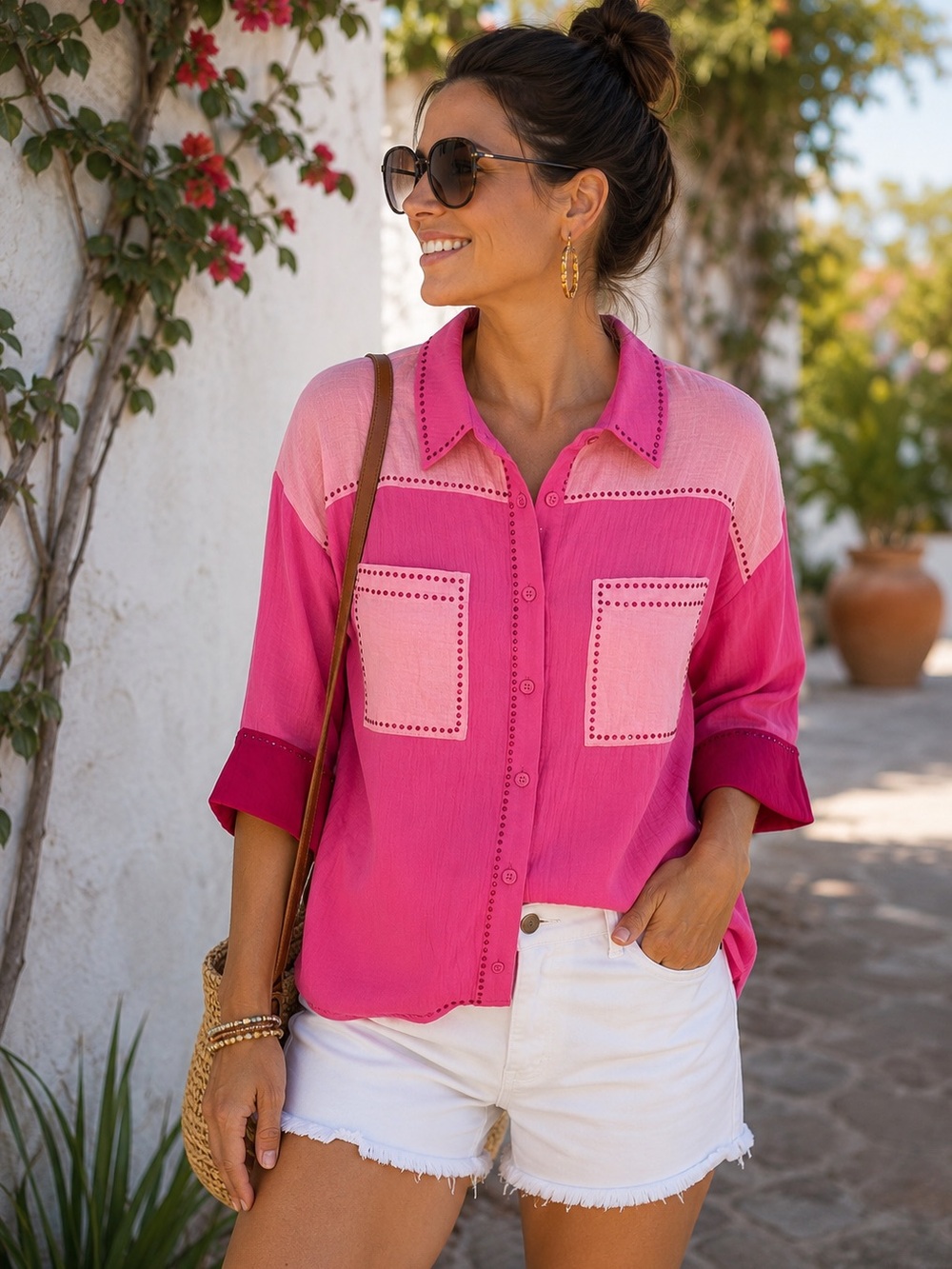 Pink Colorblock Studded Gauze Button-Up Shirt Lightweight Boho Size L
